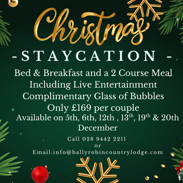 An image labelled Christmas Staycation 1 B&B and 2 Course DInner + Bubbles