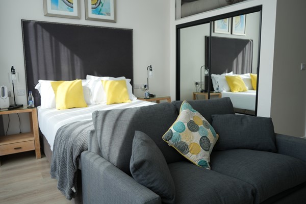 An image labelled Deluxe Double w/ Sofa Bed Room